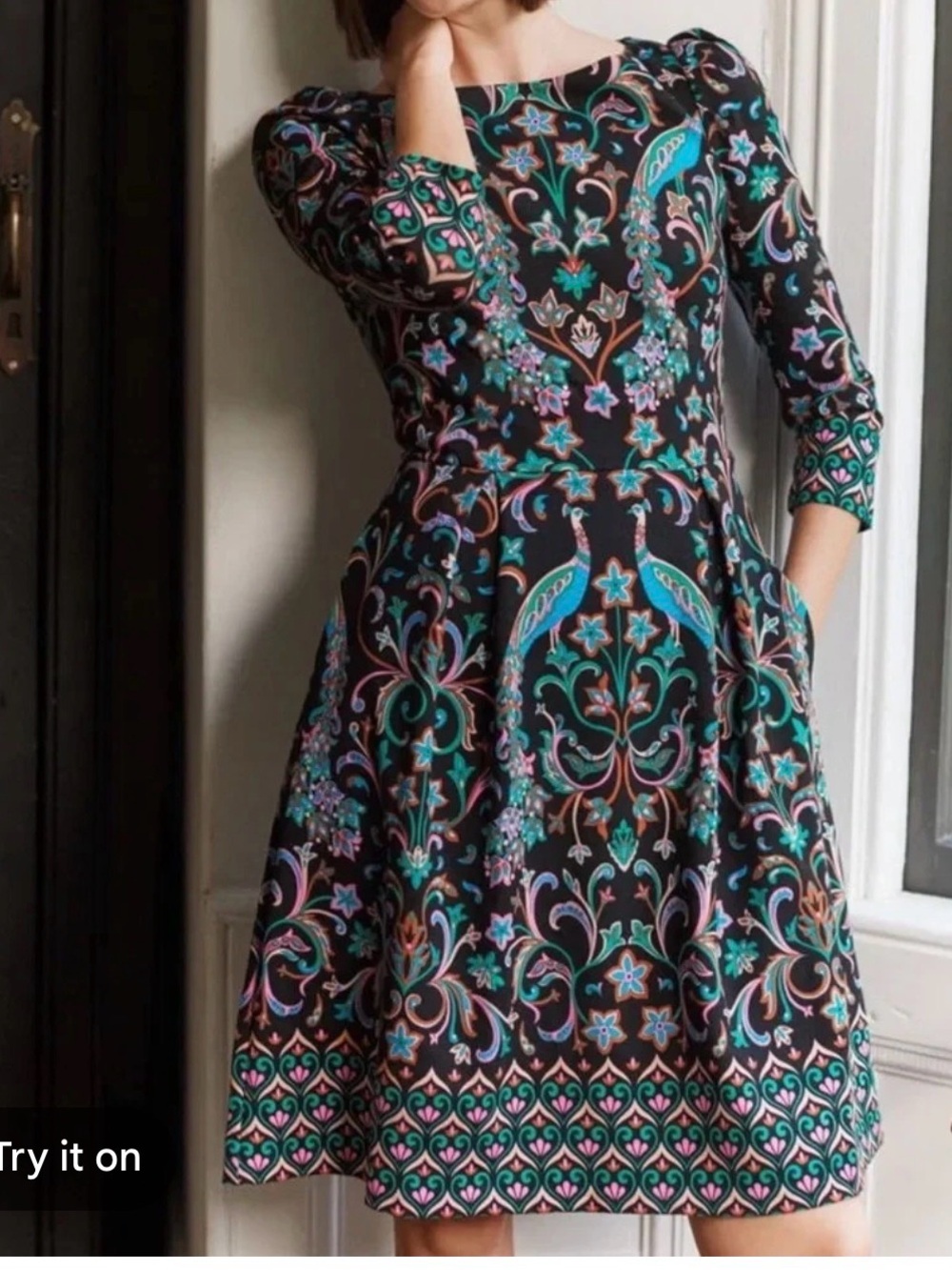 Boden peacock knee length dress 3/4 sleeves